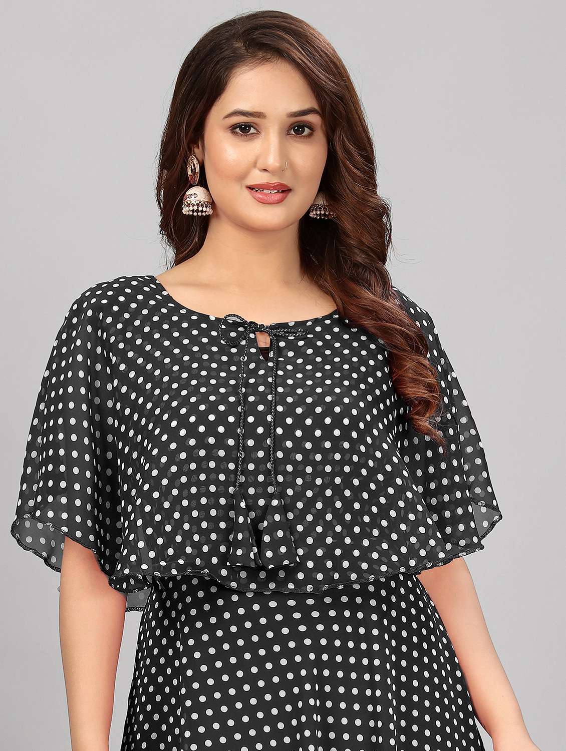 women polka dot tie up neck semi-stitched gown - 21998829 -  Standard Image - 3