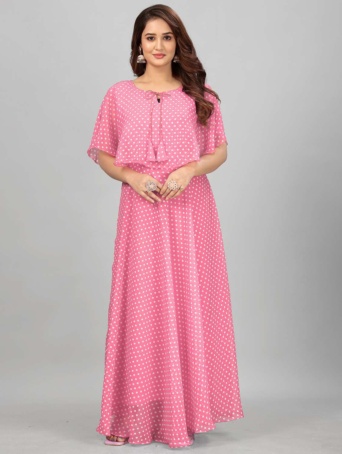 women polka dot tie up neck semi-stitched gown