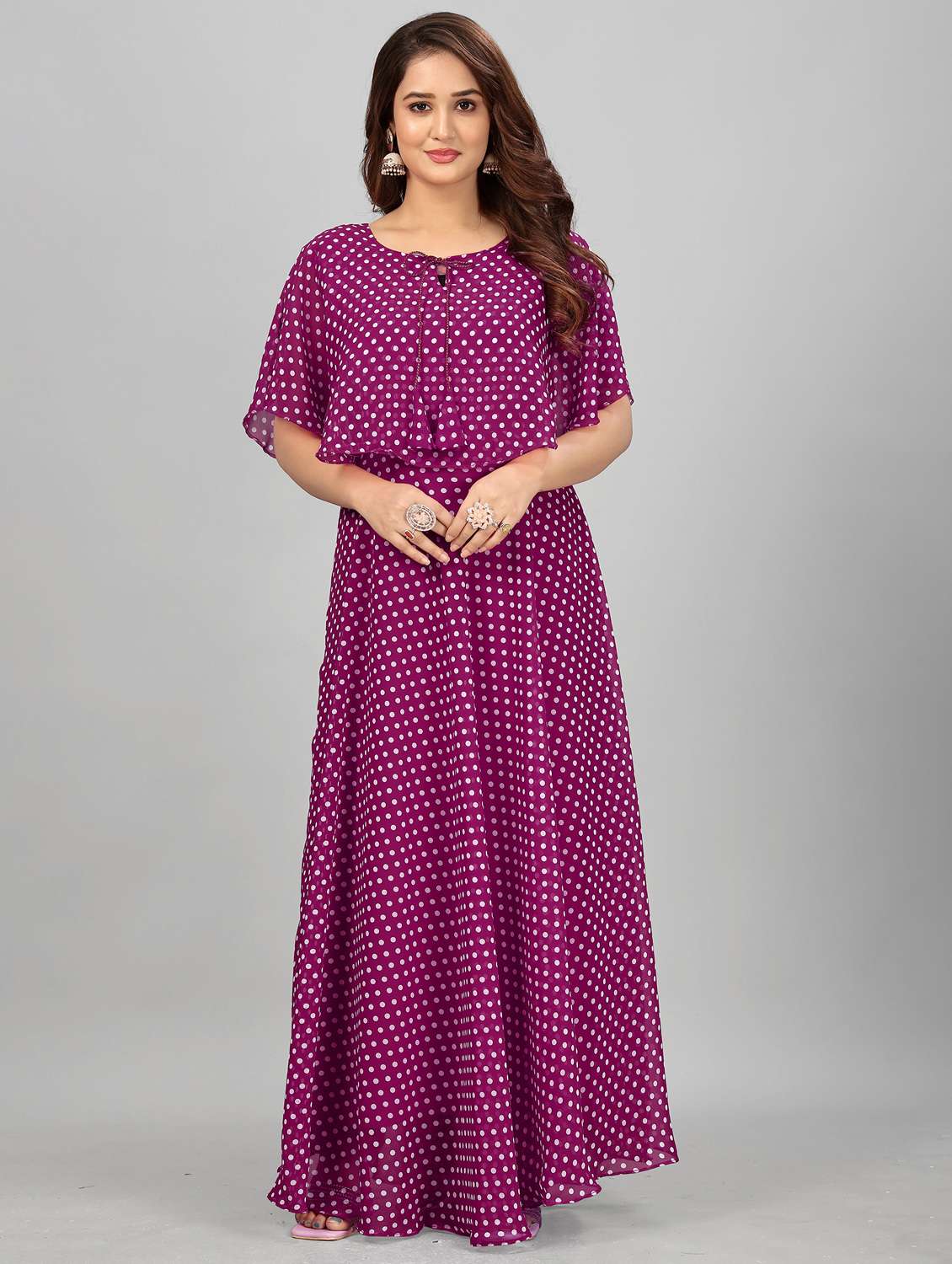 women polka dot tie up neck semi-stitched gown