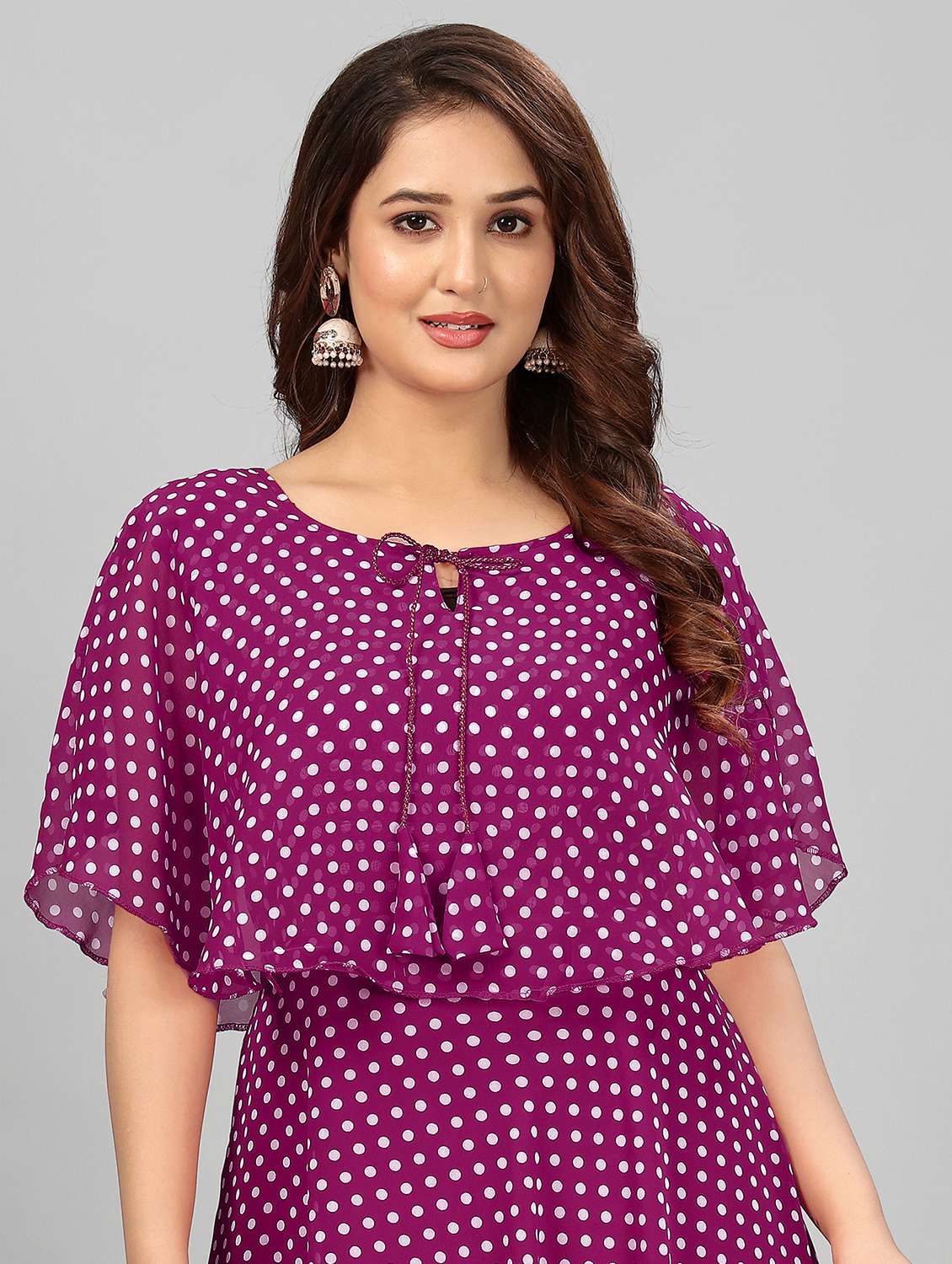 women polka dot tie up neck semi-stitched gown - 21998831 -  Standard Image - 3