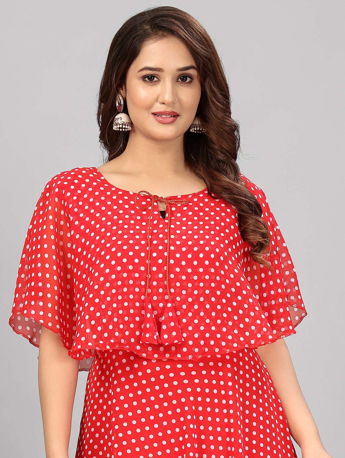 women polka dot tie up neck semi-stitched gown - 21998832 -  Standard Image - 3