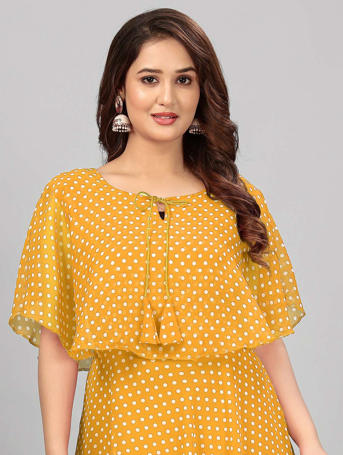 women polka dot tie up neck semi-stitched gown - 21998833 -  Standard Image - 3