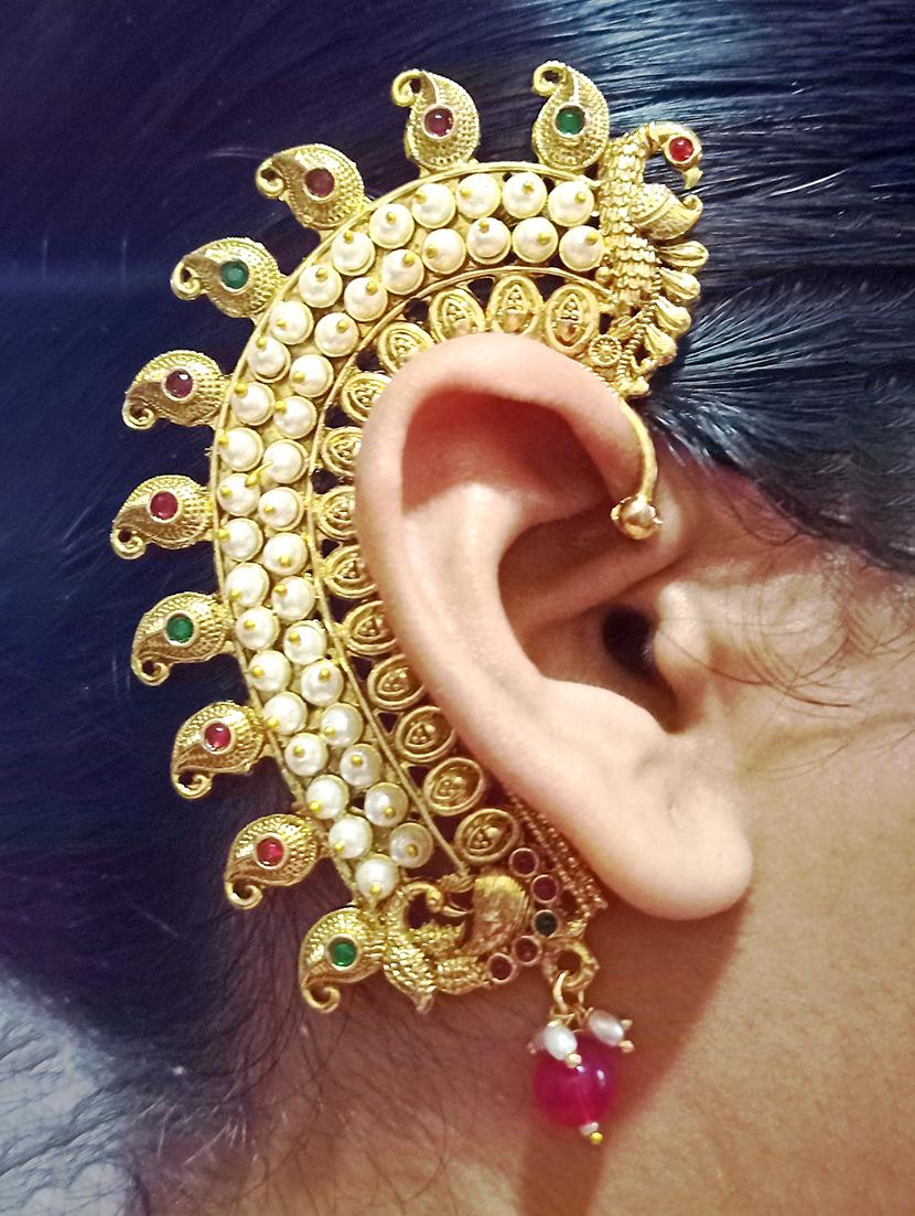 gold metal peacock earcuff earring with pearls