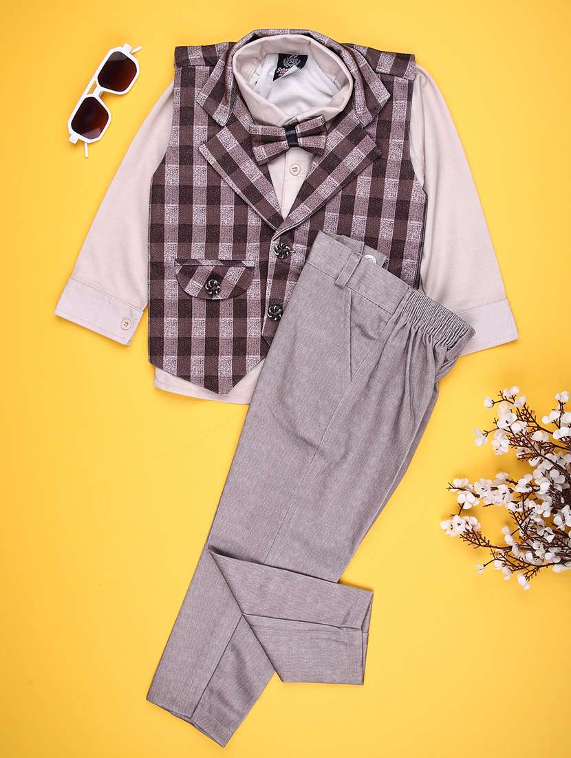 boys checkered long sleeve trouser shirt with waistcoat set