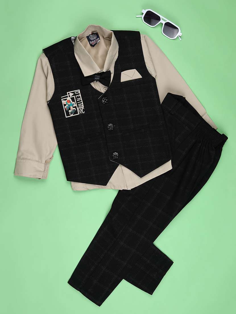 boys checkered long sleeve trouser shirt with waistcoat set