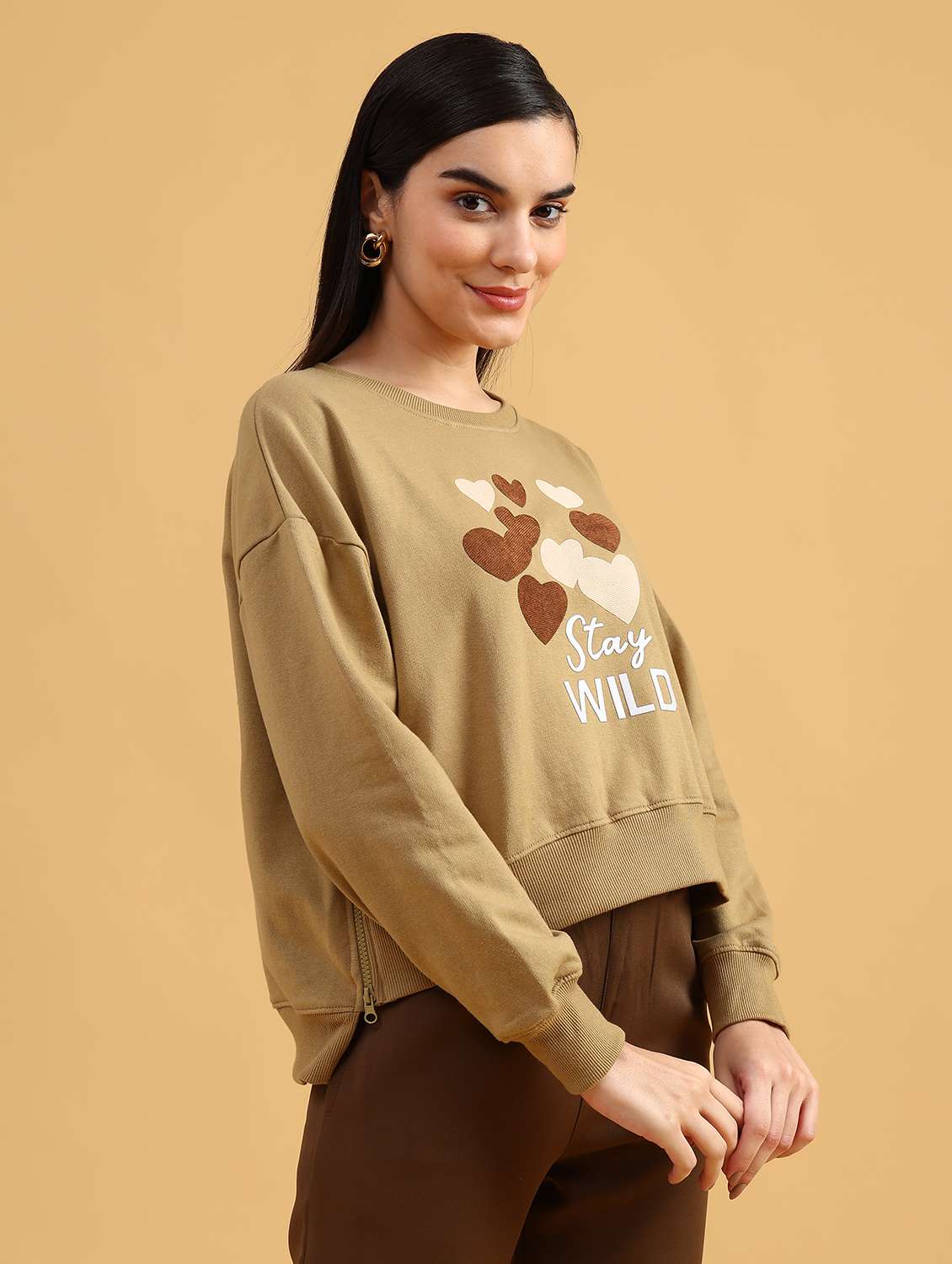 khaki fleece front print sweatshirt - 21999200 -  Standard Image - 3