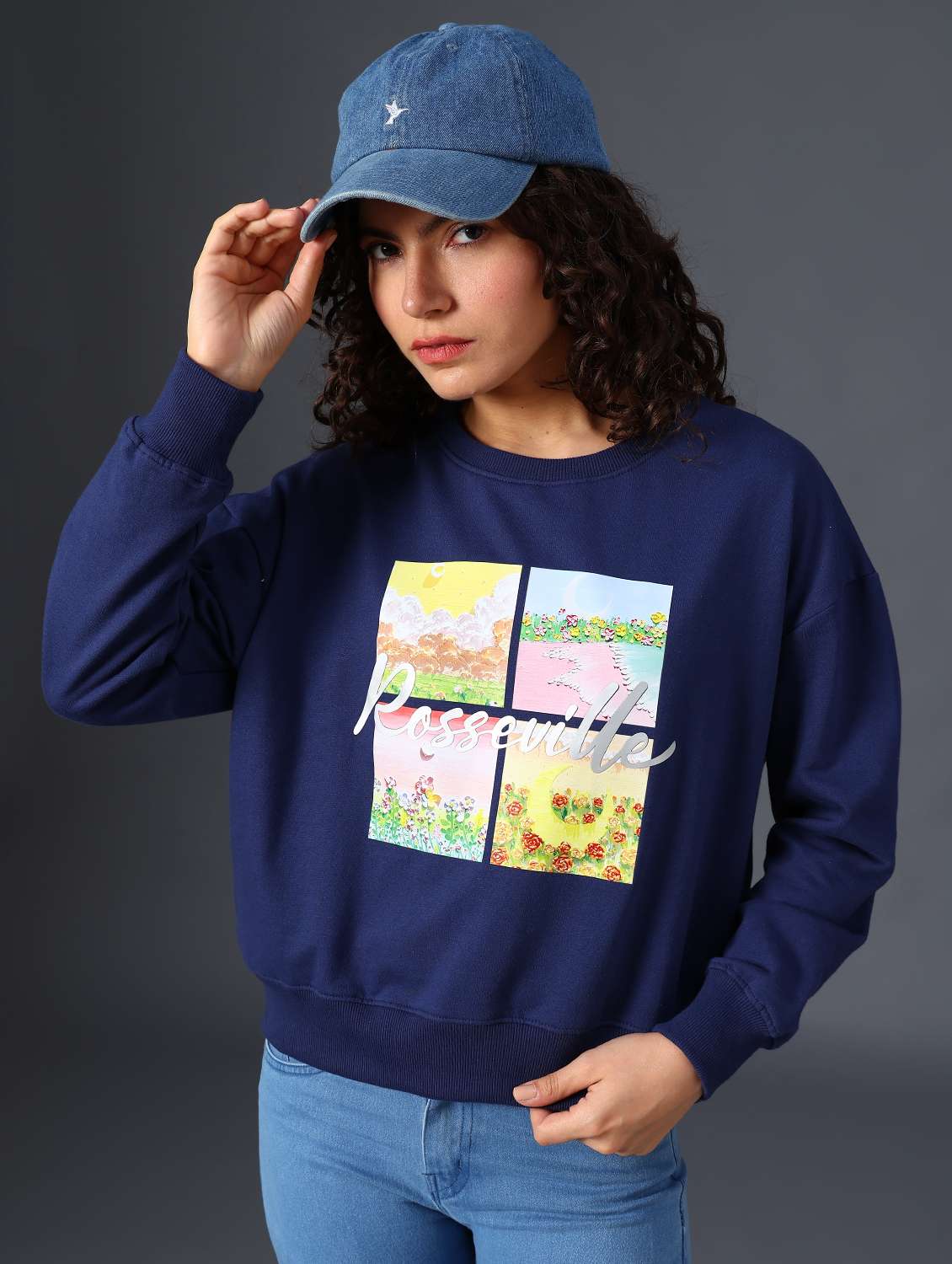 navy blue fleece front print sweatshirt