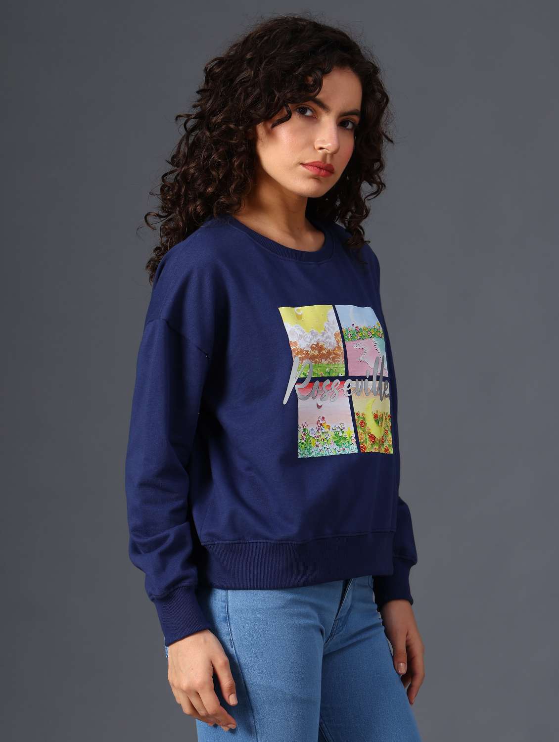 Navy Blue Fleece Front Print Sweatshirt - 21999201 -  Standard Image - 3