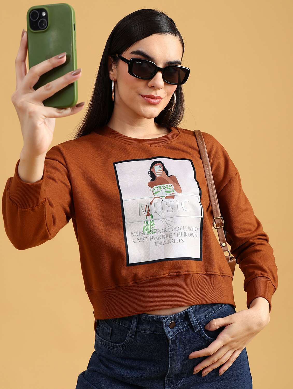 brown fleece front print sweatshirt