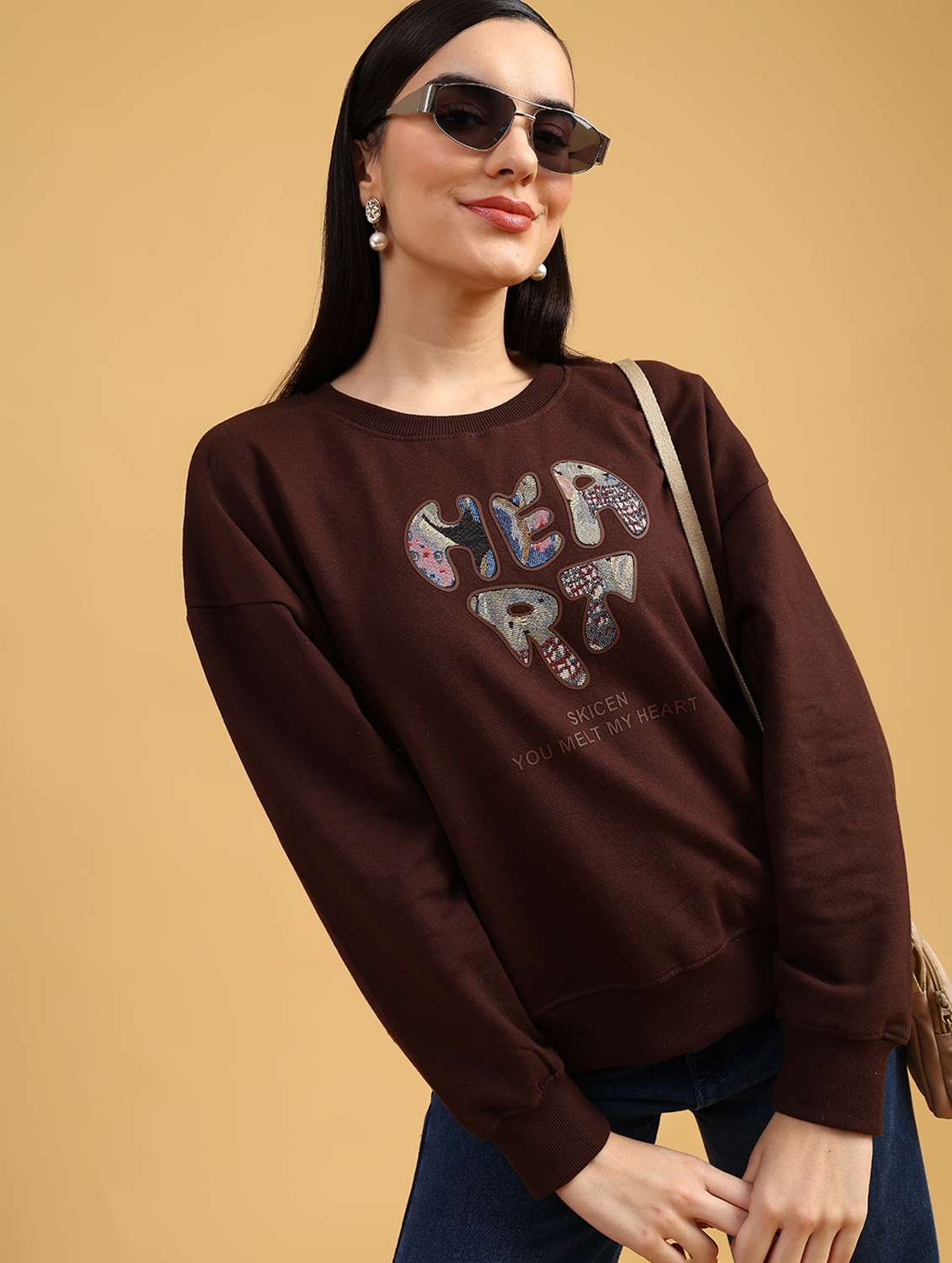 brown fleece front print sweatshirt
