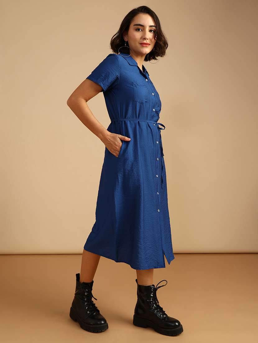 women solid short sleeve collared shirt dress - 21999377 -  Standard Image - 3