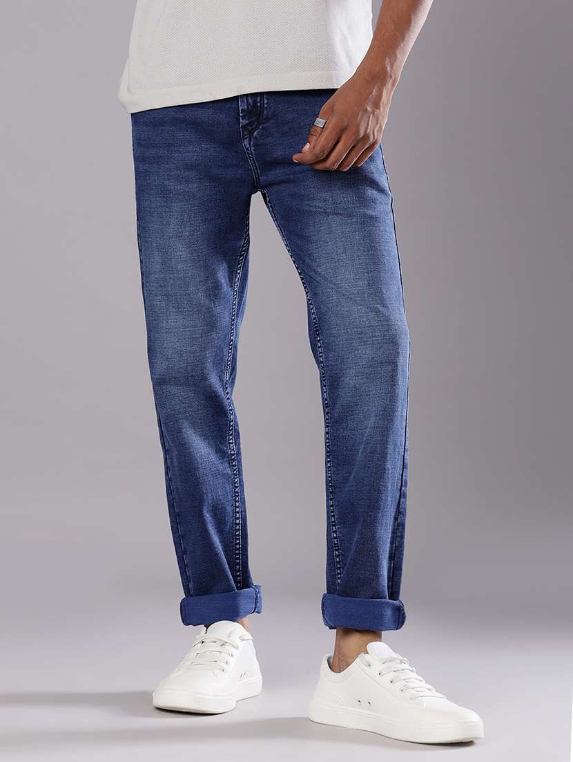 men washed mid rise full length jeans