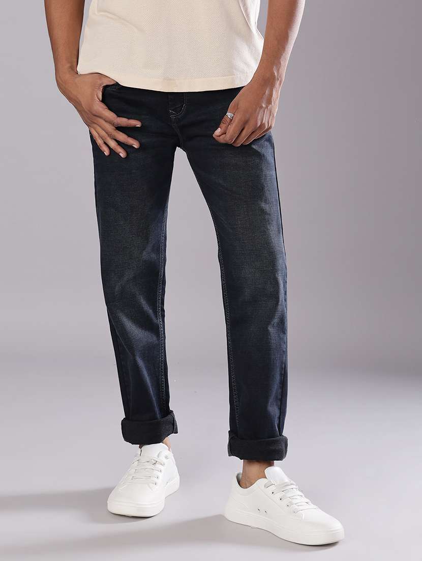 men washed mid rise full length jeans