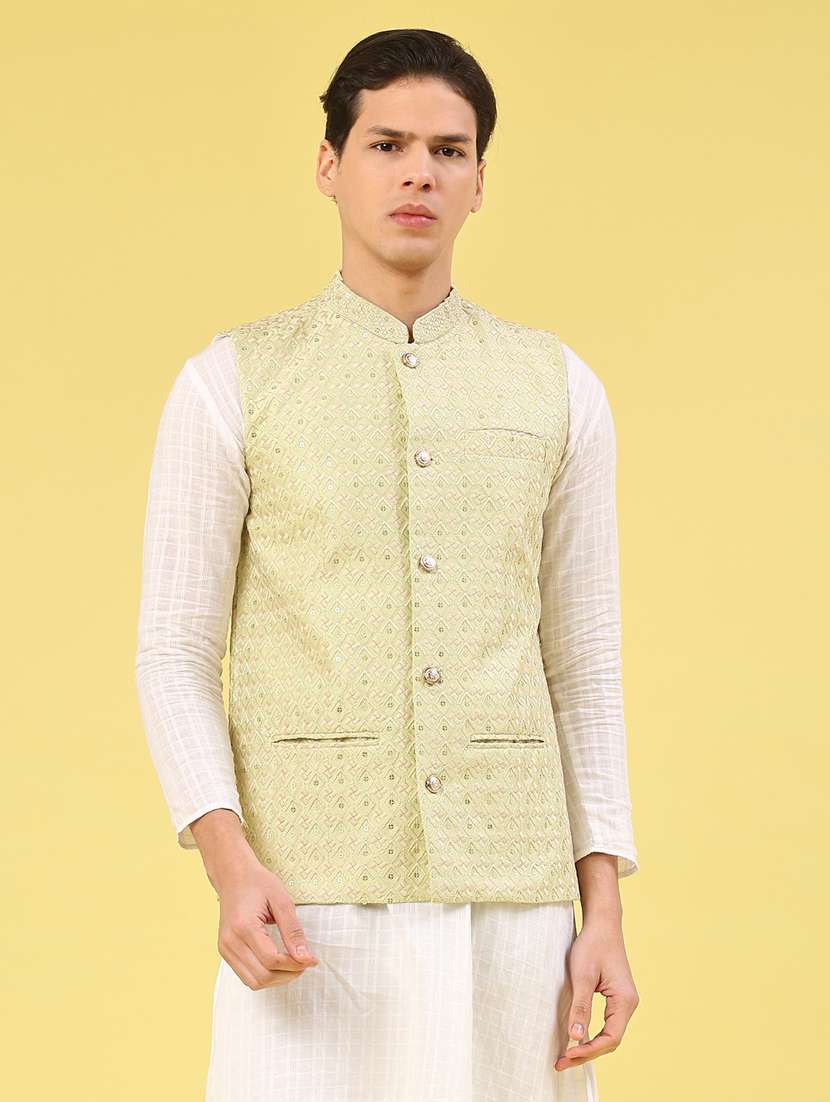 green polyester nehru jacket
