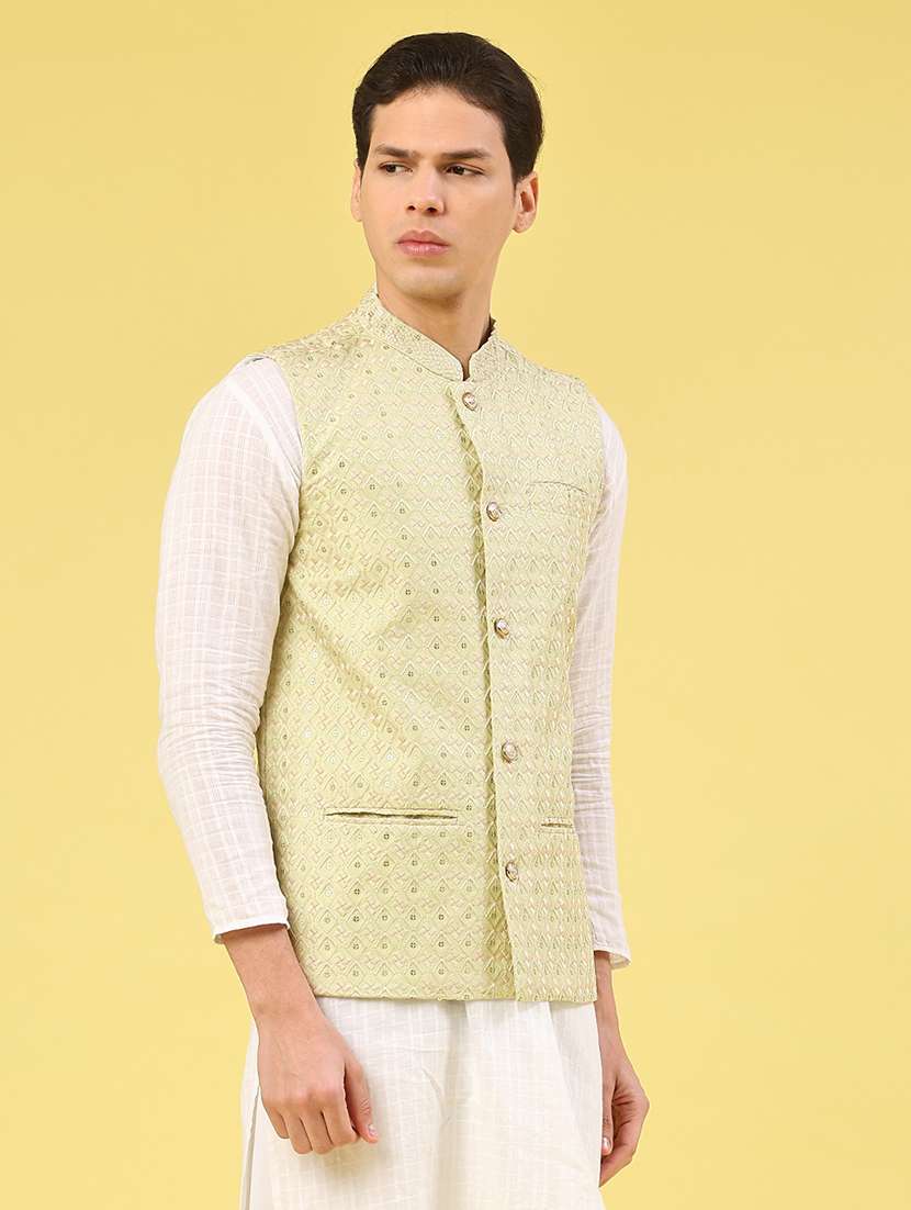 green polyester nehru jacket - 21999750 -  Standard Image - 3