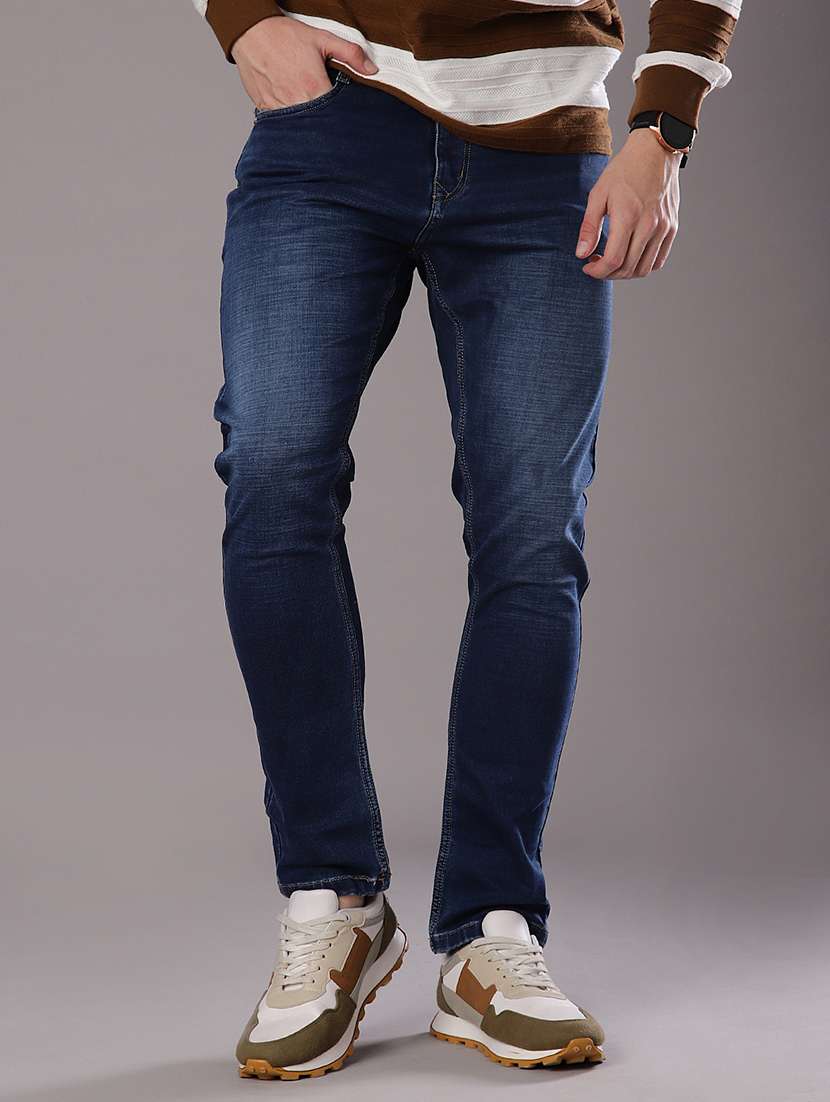 men washed mid rise full length jeans