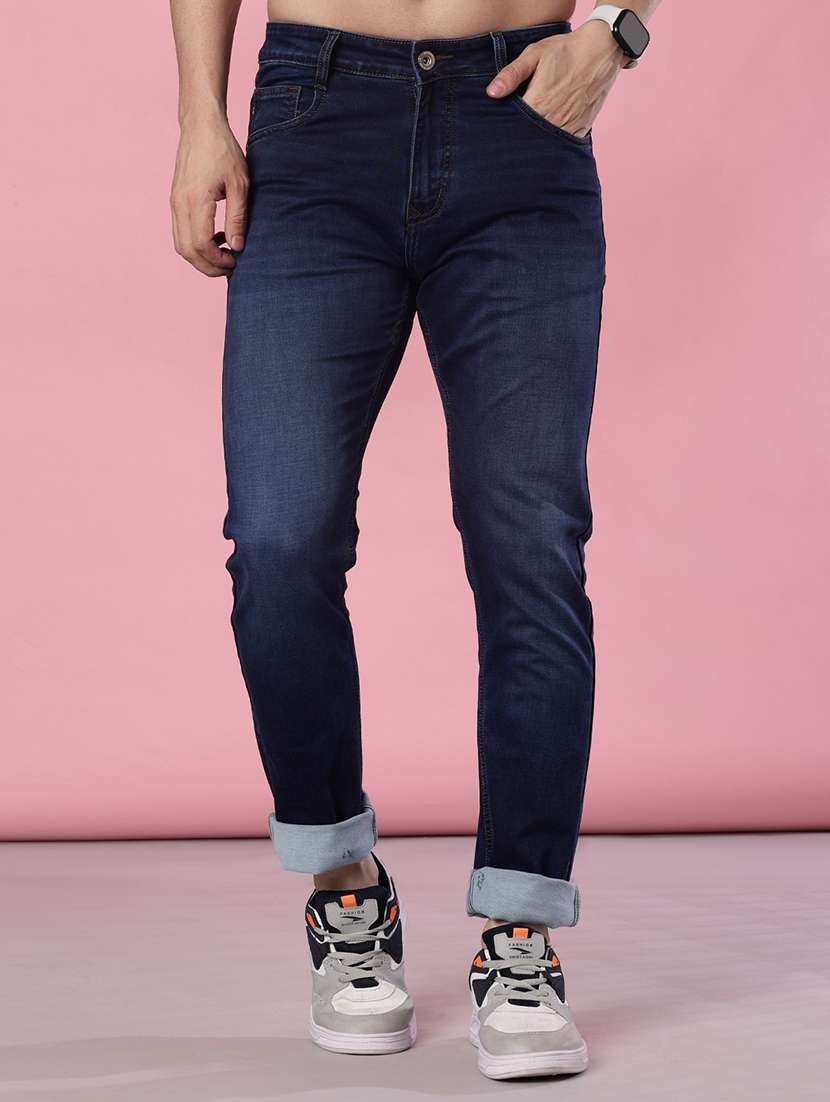 men washed mid rise full length jeans