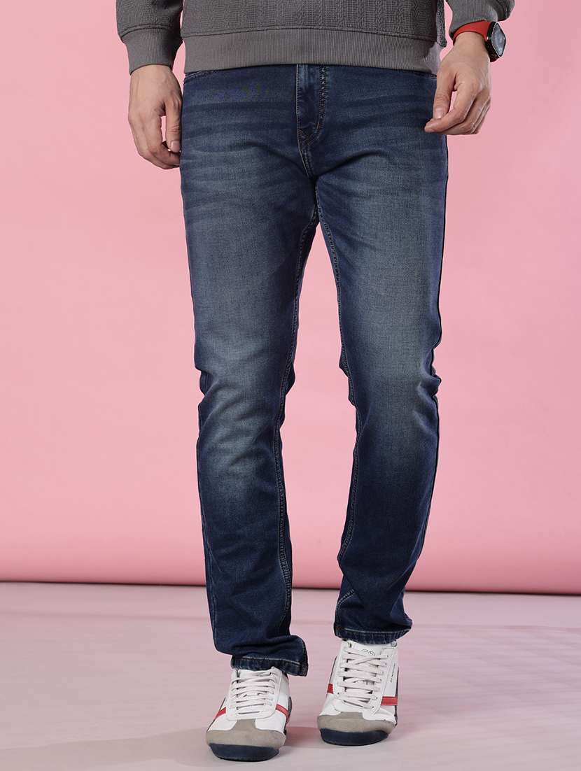 men washed mid rise full length jeans