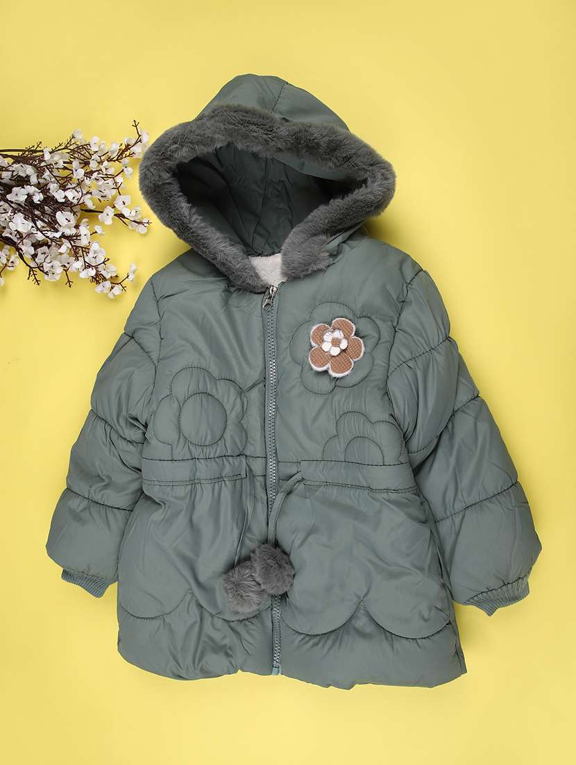 girls solid long sleeve hooded quiled acket