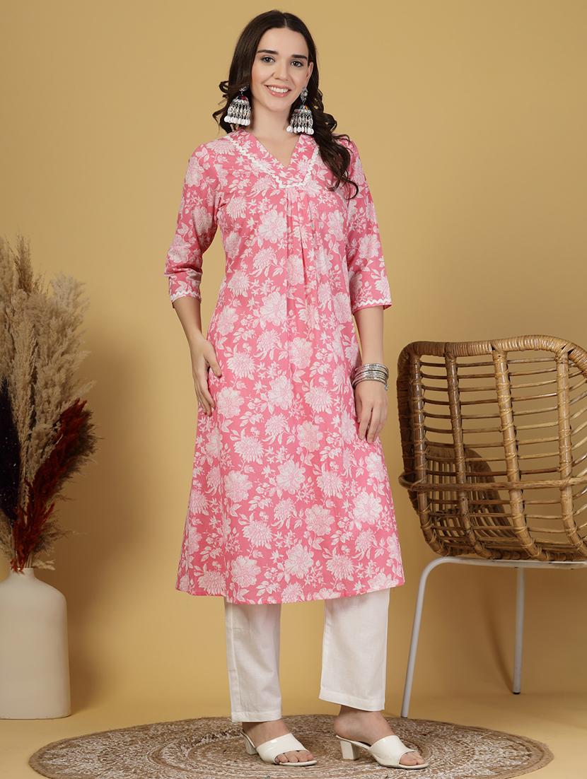 women floral printed three quarter sleeve a-line kurta - 21999959 - Zoom Image - 0