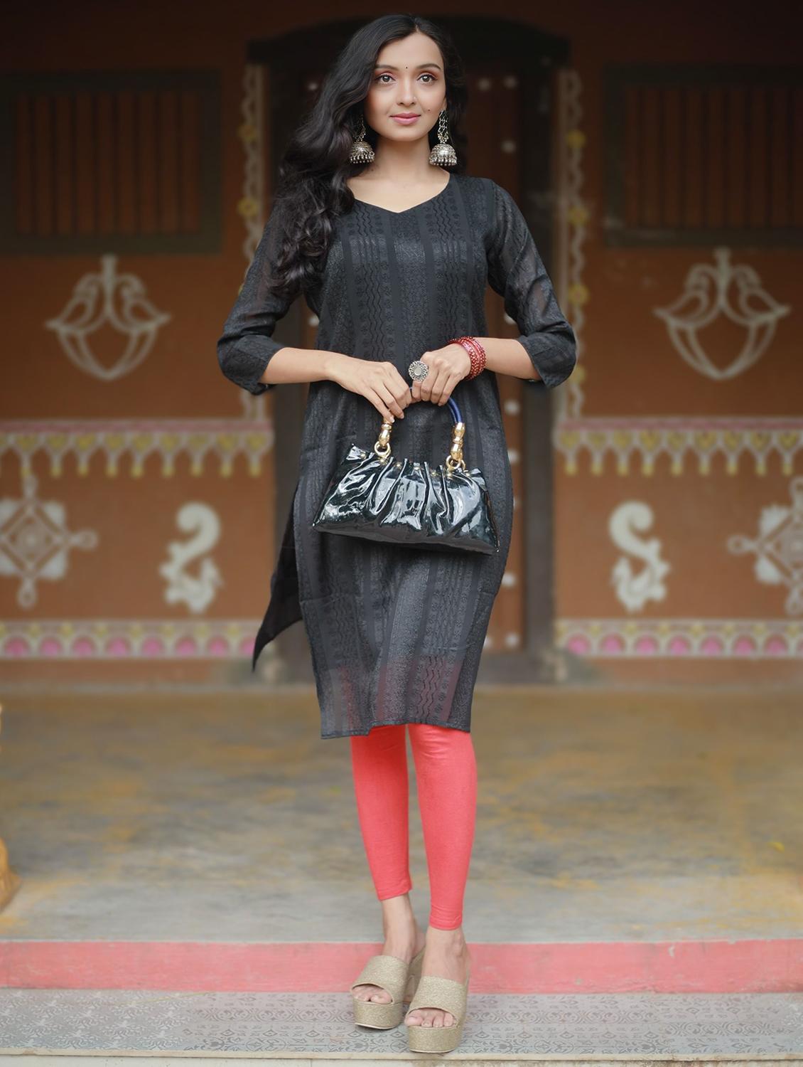 women self design three quarter sleeve straight kurta