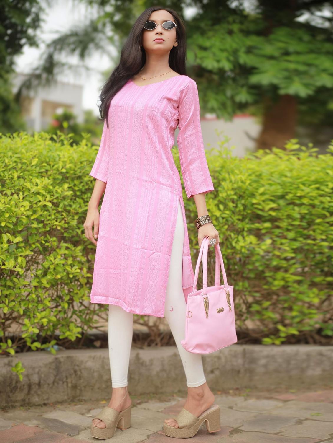 women self design three quarter sleeve straight kurta