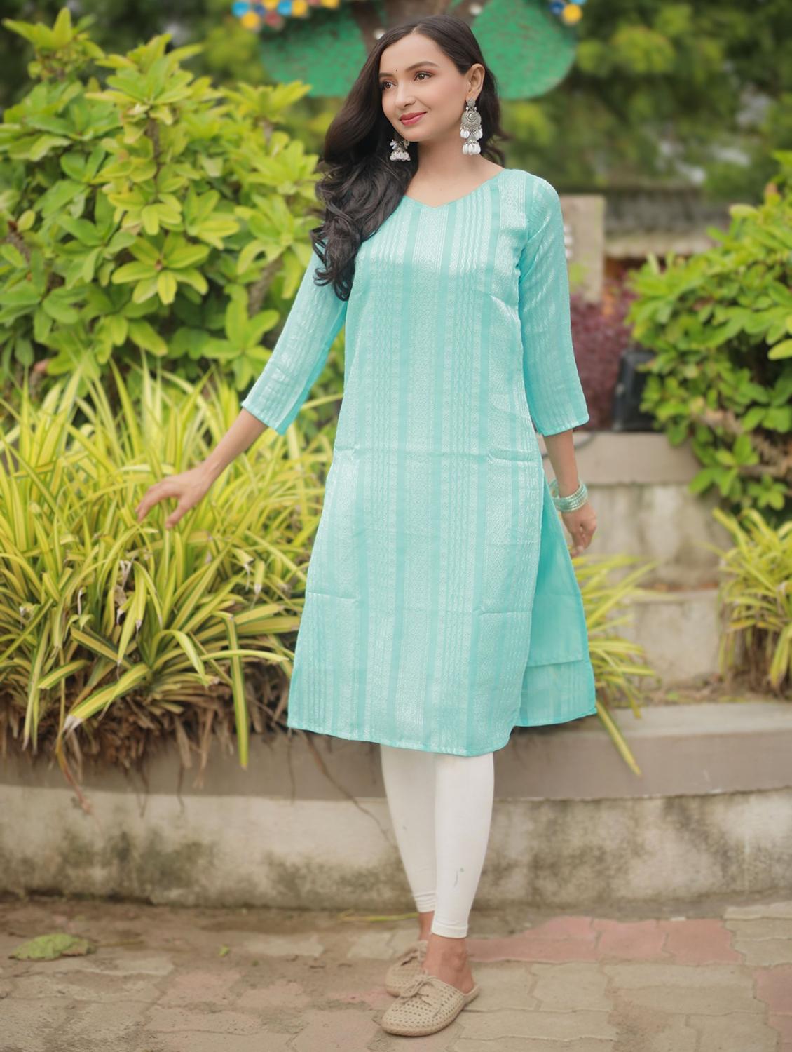 women self design three quarter sleeve straight kurta