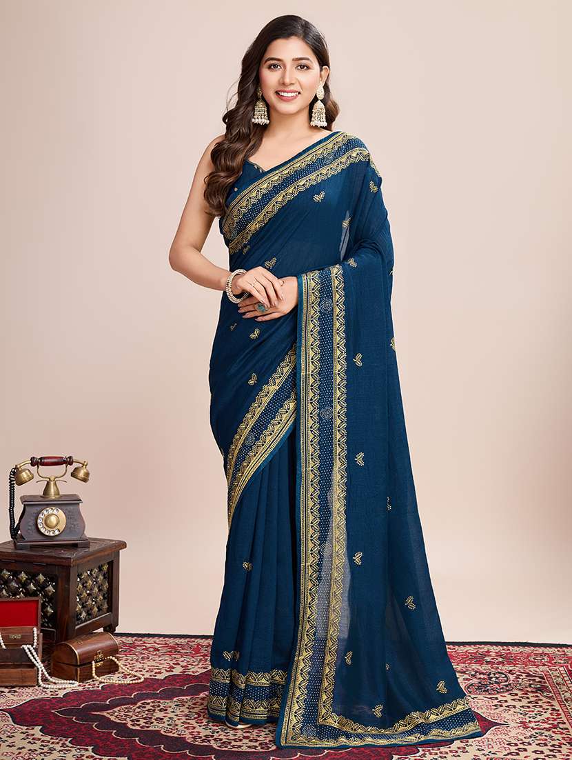 women solid with work zari work bordered saree with blouse