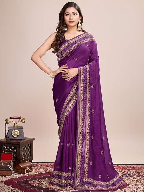 women solid with work zari work bordered saree with blouse - 22000074 -  Standard Image - 0