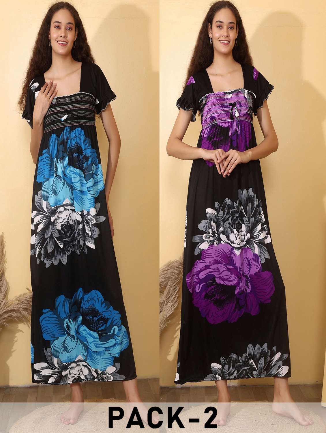 women pack of 2 floral print short sleeve nighty