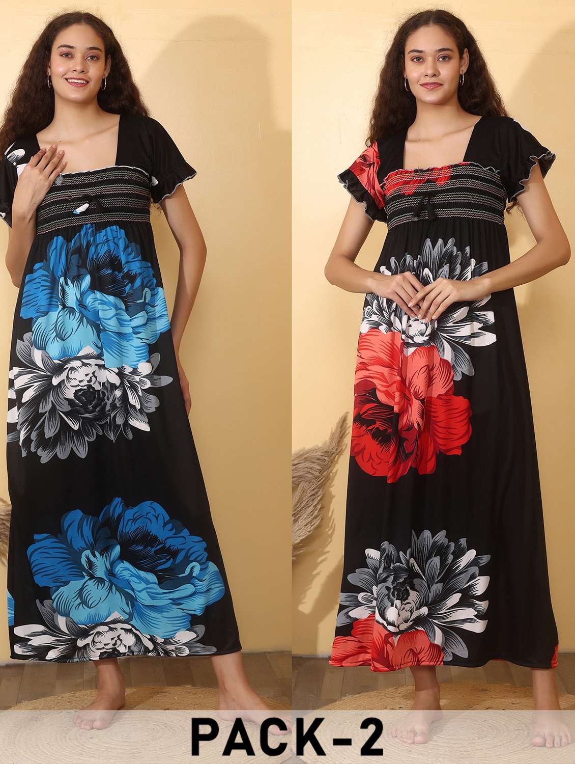 women pack of 2 floral print short sleeve nighty