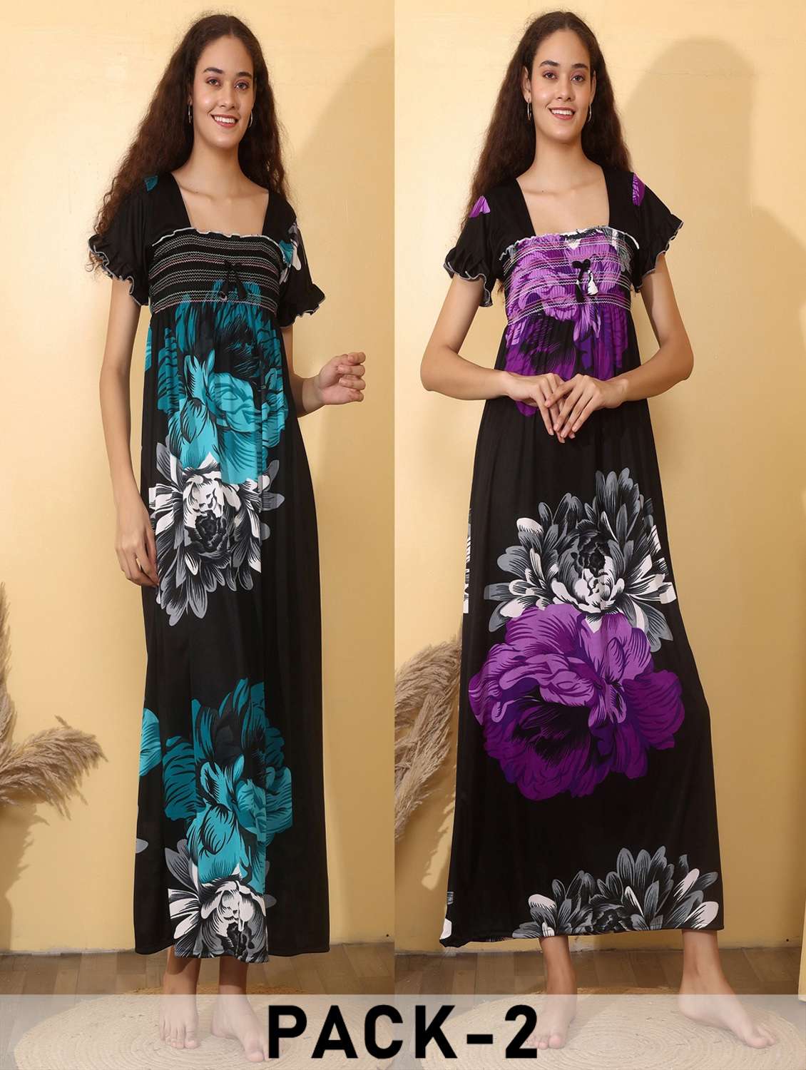 women pack of 2 floral print short sleeve nighty - 22000103 -  Zoom Image - 0