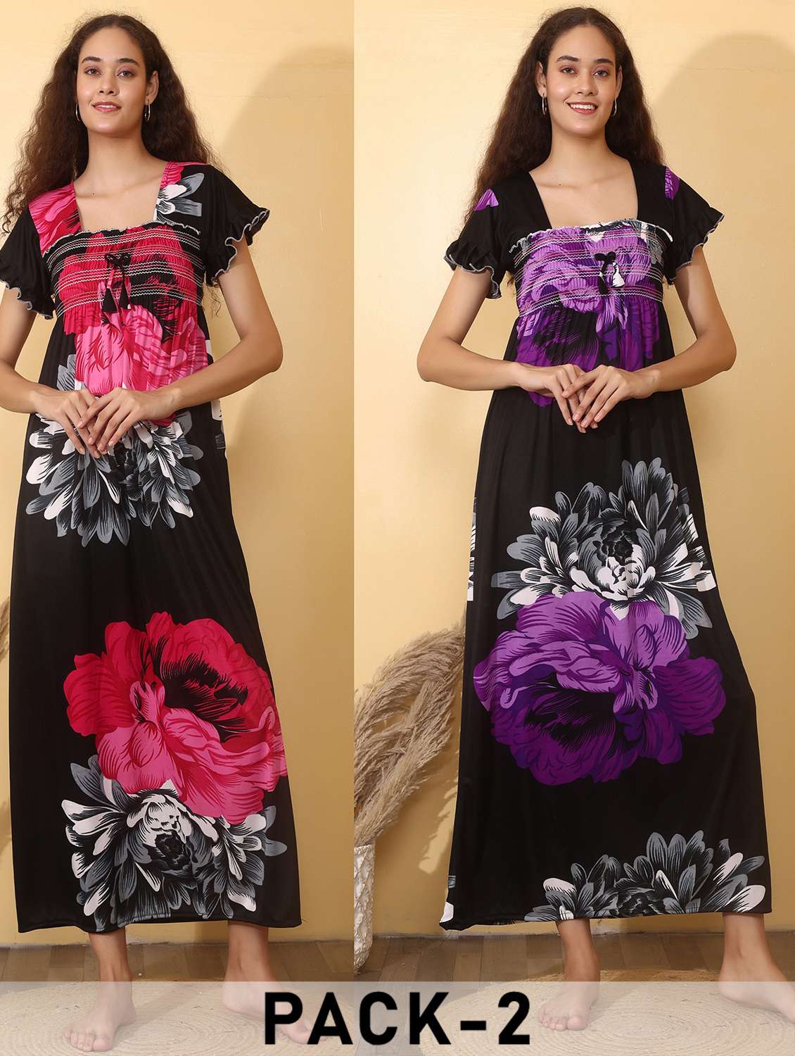 women pack of 2 floral print short sleeve nighty