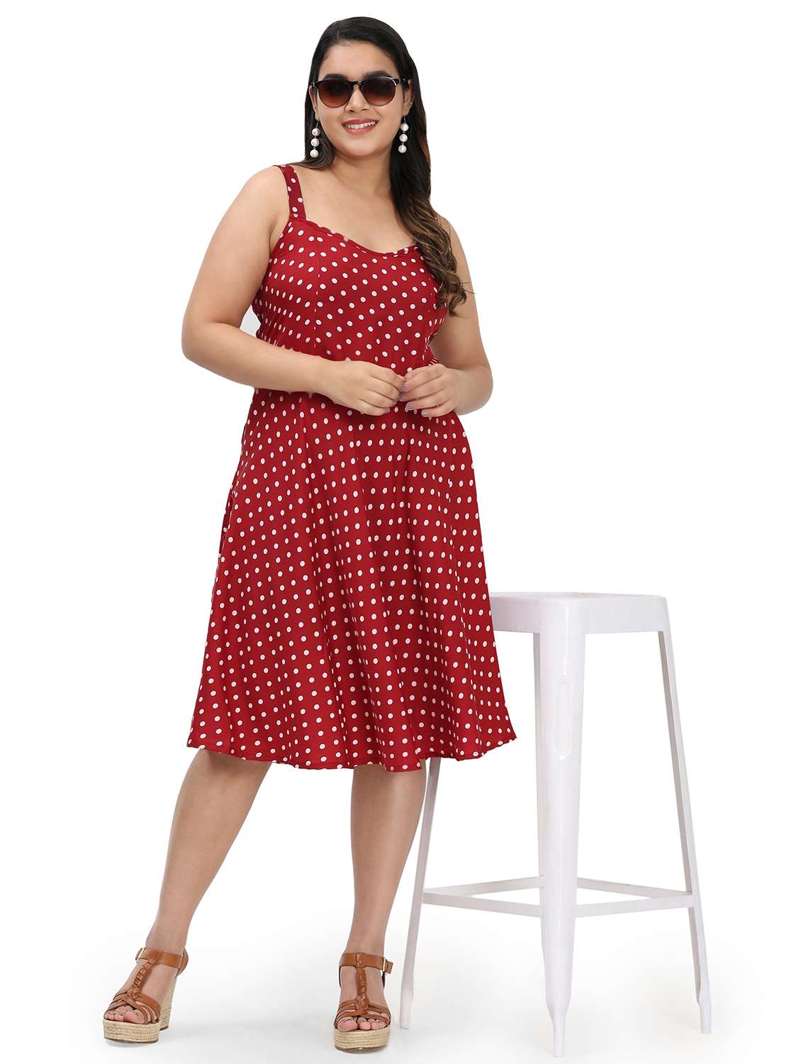women polka doted shoulder strap fit & flared dress - 22000113 -  Zoom Image - 0