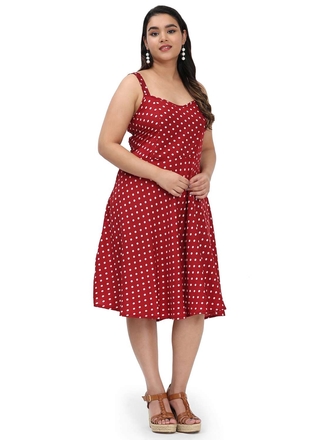 women polka doted shoulder strap fit & flared dress - 22000113 - Standard Image - 3