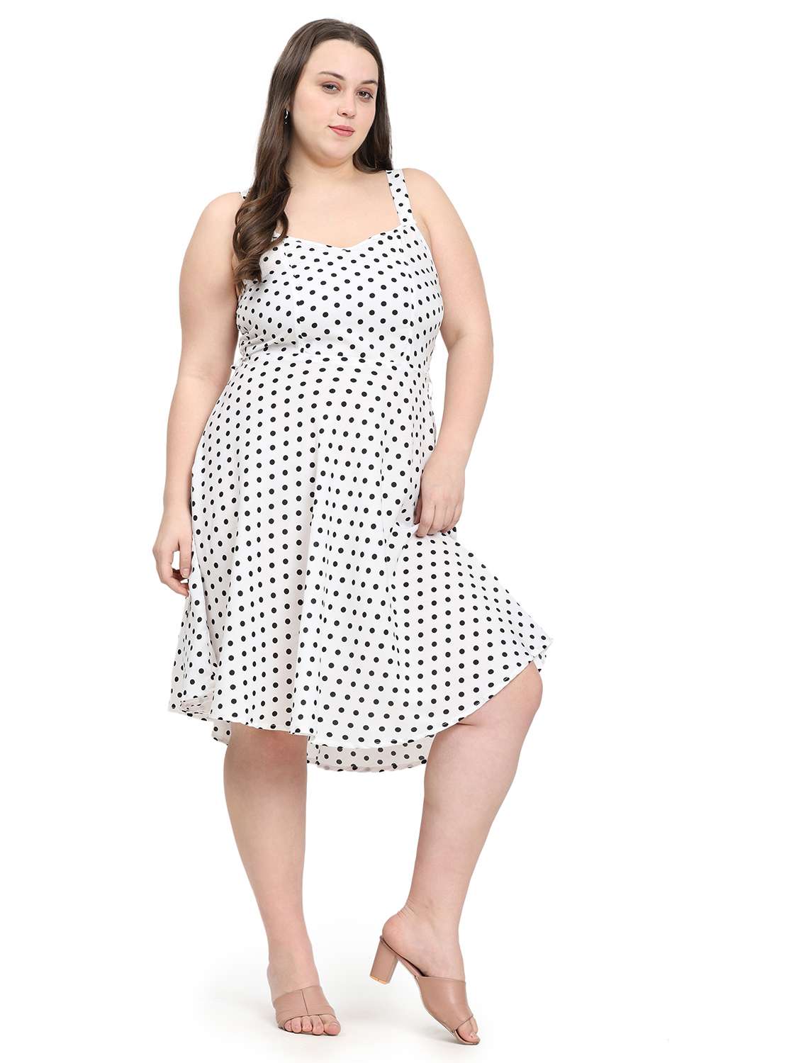 women polka doted shoulder strap fit & flared dress - 22000114 - Standard Image - 3
