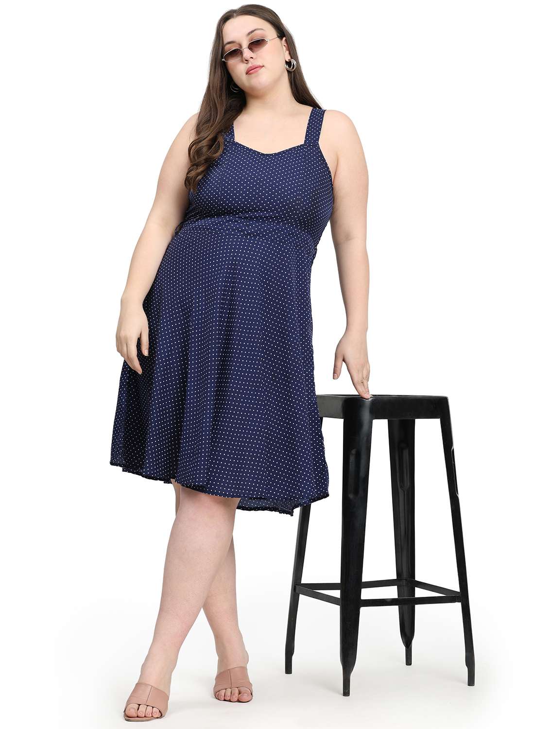 women polka doted shoulder strap fit & flared dress