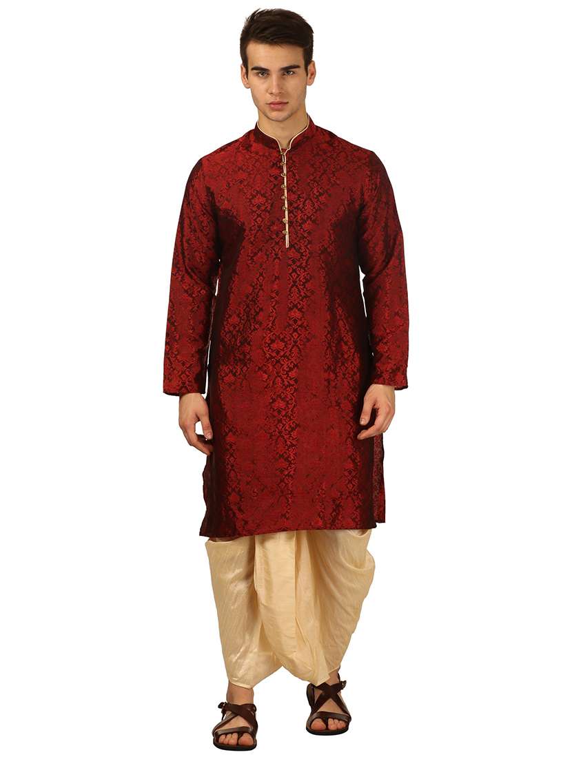 men self design mandarin neck dhoti kurta ethnic wear set