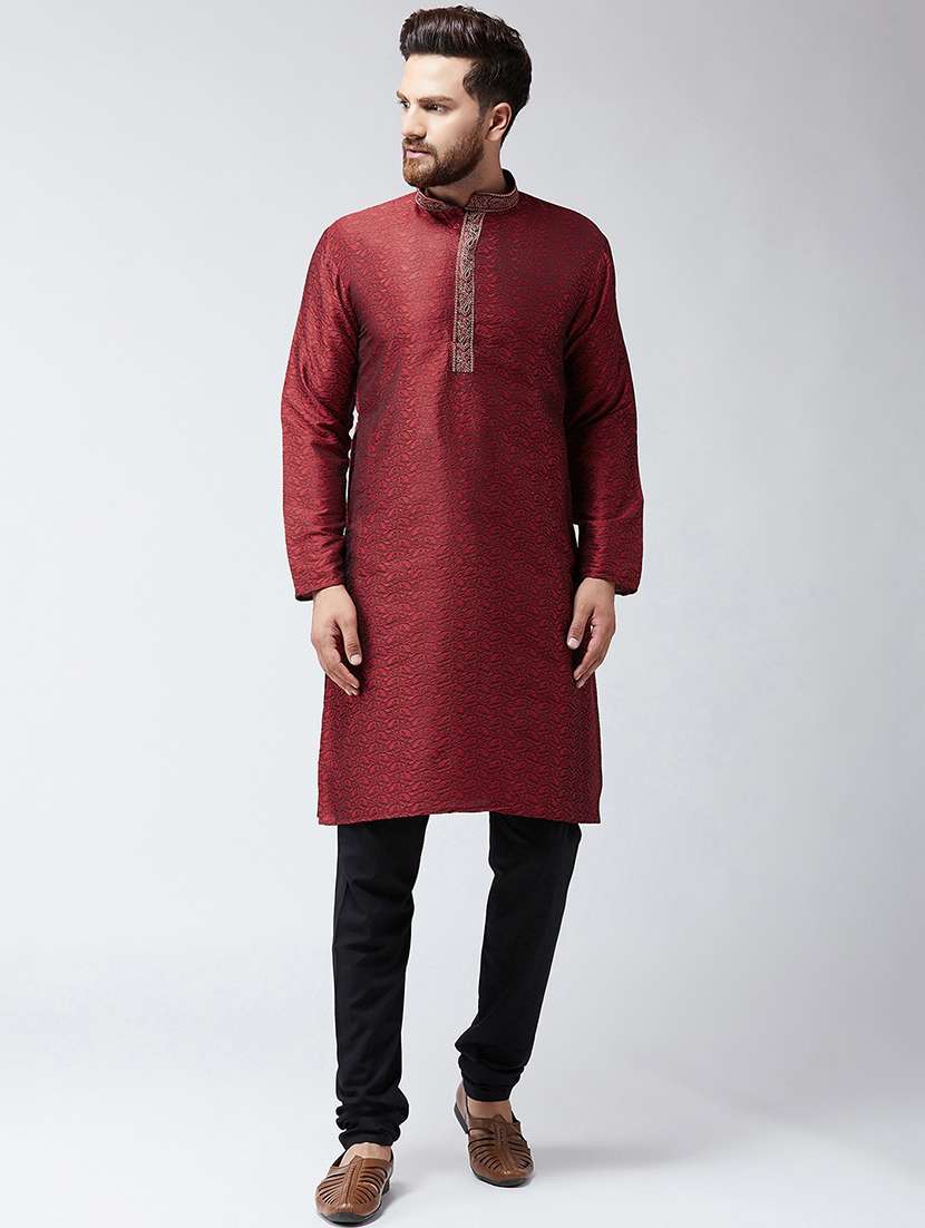 men self design mandarin neck kurta churidar ethnic wear set