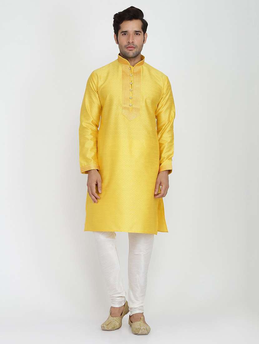 men self design mandarin neck kurta churidar ethnic wear set