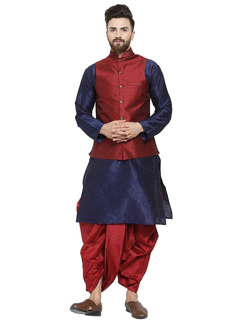 men solid mandarin neck dhoti kurta with jacket ethnic wear set - 22000401 - Zoom Image - 0