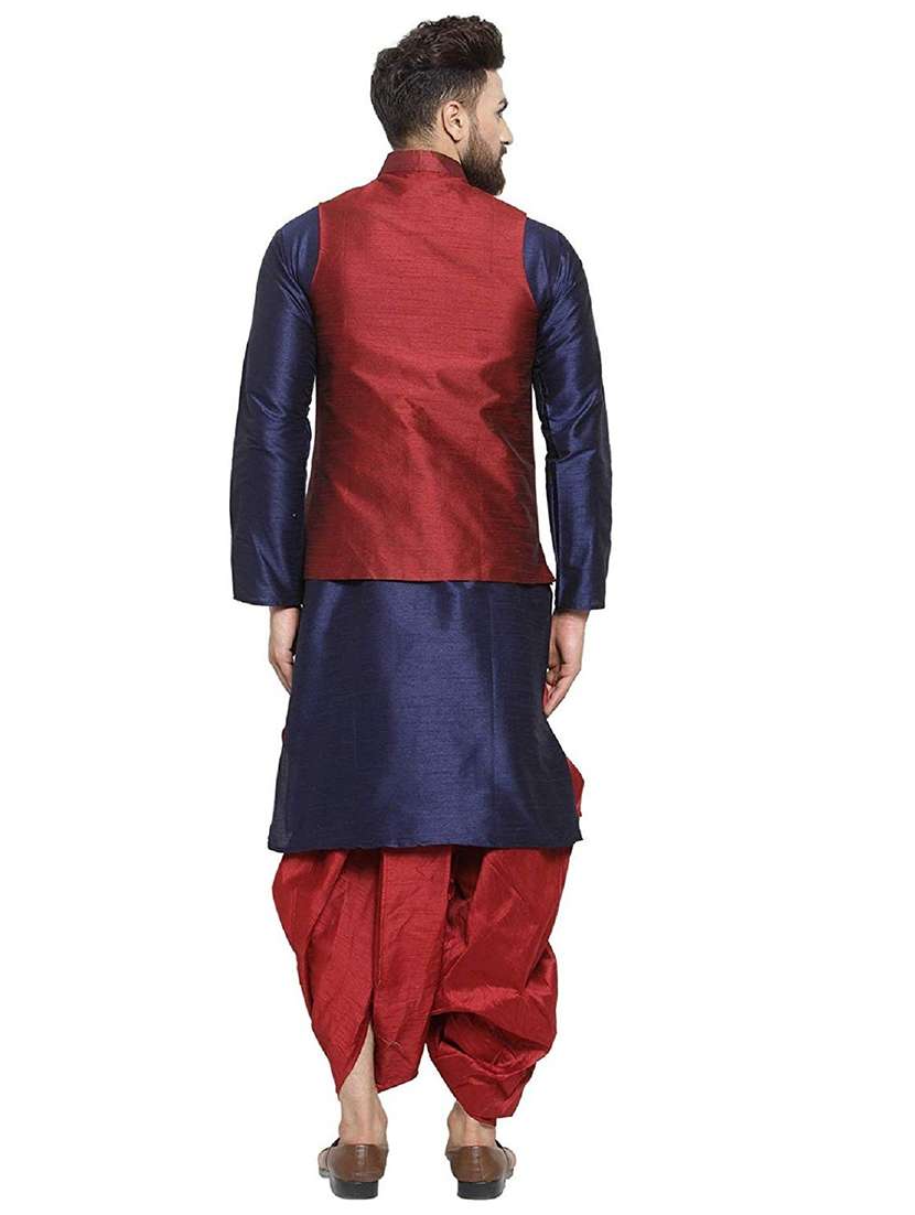 men solid mandarin neck dhoti kurta with jacket ethnic wear set - 22000401 - Standard Image - 3