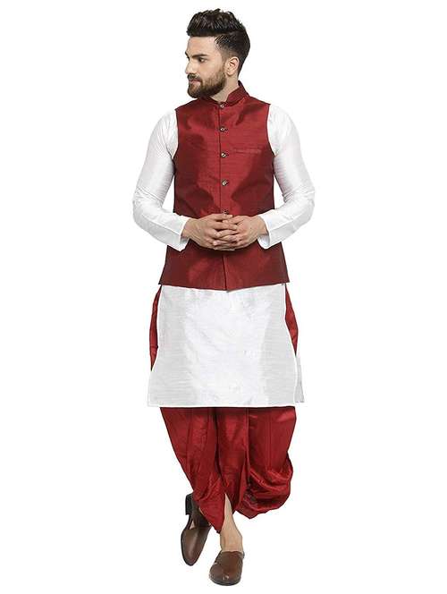 men solid mandarin neck dhoti kurta with jacket ethnic wear set - 22000402 -  Standard Image - 0
