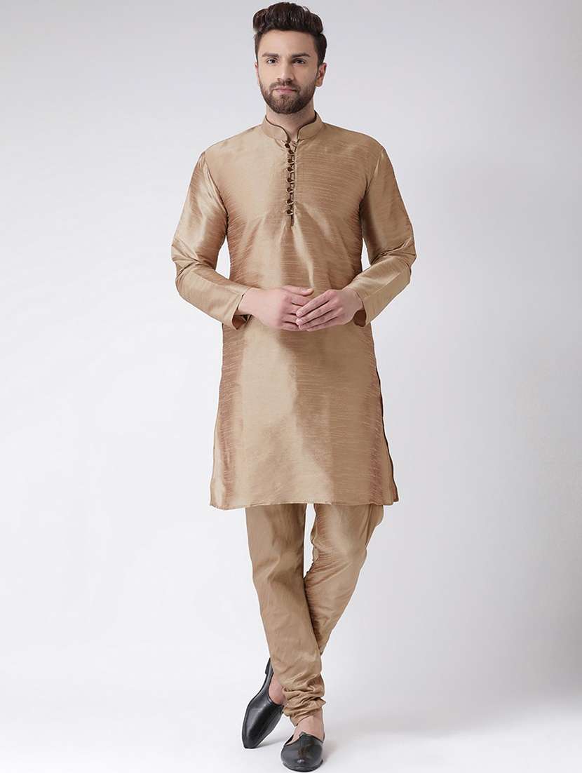men solid mandarin neck kurta churidar ethnic wear set