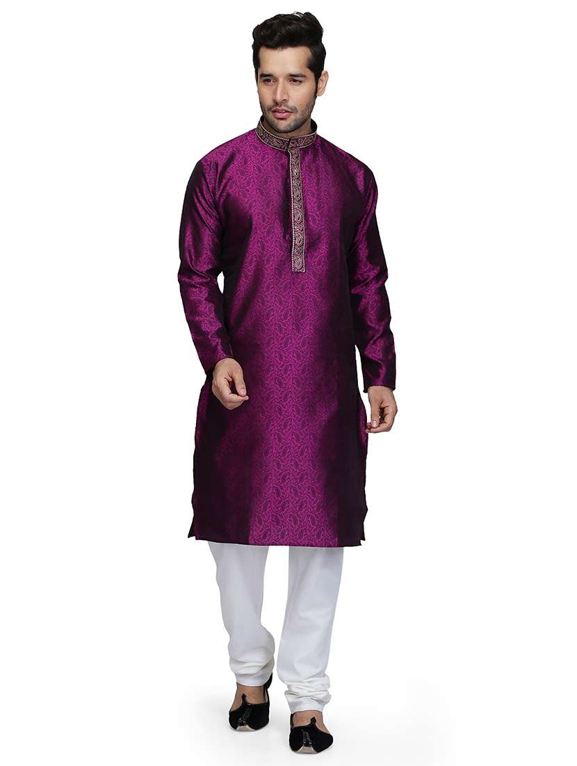 men self design mandarin neck kurta churidar ethnic wear set