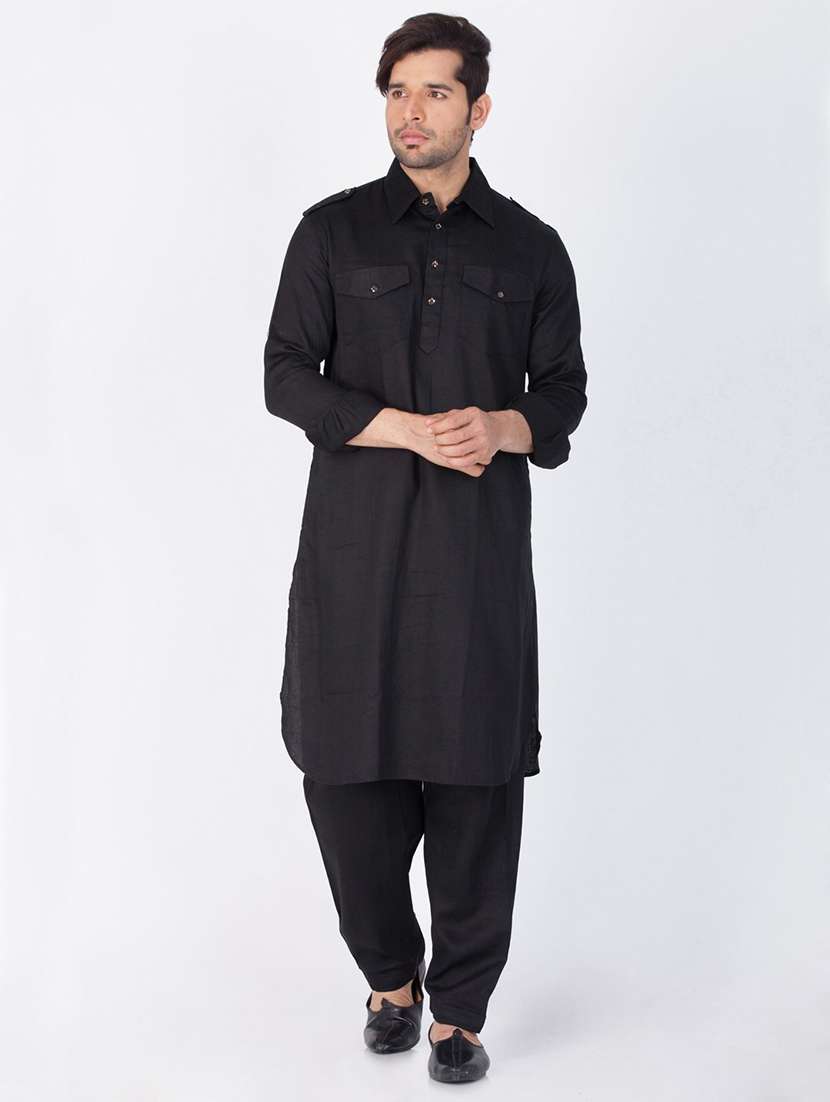 men solid long sleeve pathani ethnic wear set
