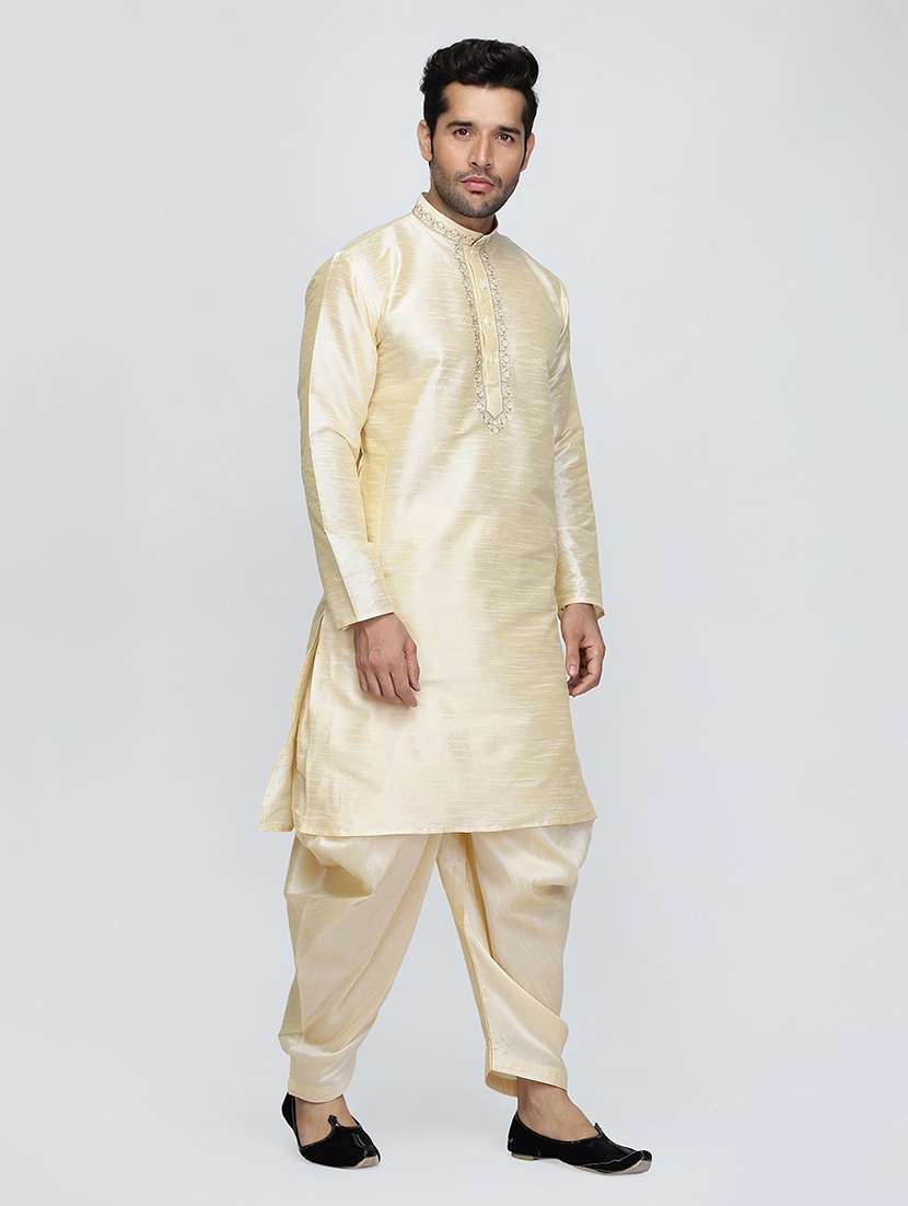 men solid mandarin neck dhoti kurta ethnic wear set - 22000689 - Standard Image - 3