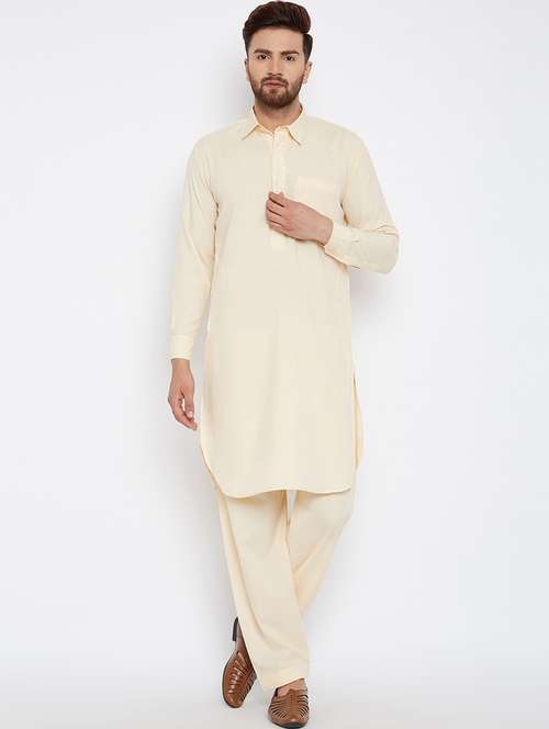 men cream solid long sleeve pathani set - 22000729 - Standard Image - 0