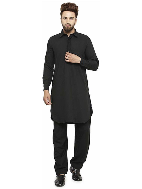 men solid long sleeve pathani ethnic wear set