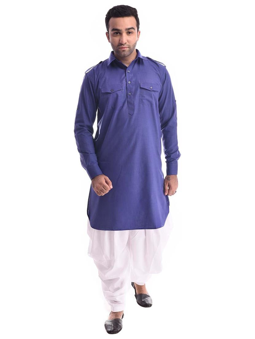 men solid long sleeve pathani kurta set